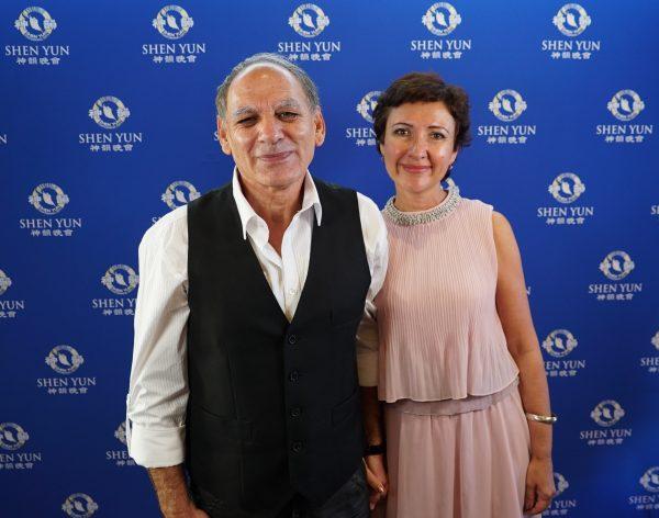 Private practice accountant George Fiorentino (L) and mechanical engineer Elen Kalashnineikova (R) saw Shen Yun at Perth’s Regal Theatre in Western Australia, on Feb. 23, 2019. (Victor Bernal/NTD Television)