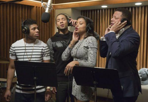 Jussie Smollett (second from L) appears in an episode of "Empire" with (L to R) Bryshere Gray, Taraji Henson, and Terrence Howard. (Chuck Hodes/FOX via AP)