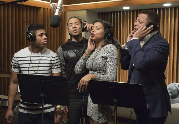 Jussie Smollett (second from left) appears in an episode of "Empire" with (from left to right) Bryshere Gray, Taraji Henson, and Terrence Howard. (Chuck Hodes/FOX via AP)
