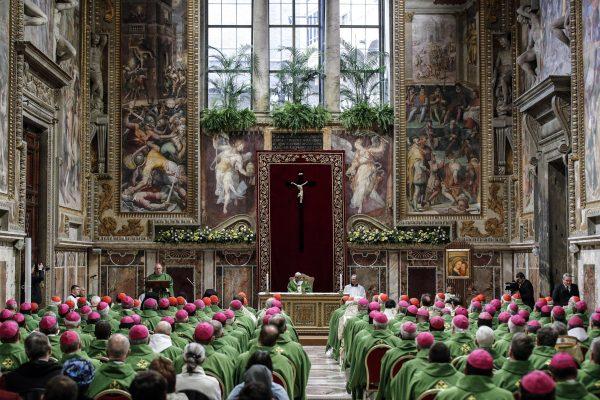 Pope Francis (Rear C) attends a Eucharistic celebration at the Regia Hall of the Apostolic Palace in the Vatican on Feb. 24, 2019, within the fourth and last day of a global child protection summit. (GIUSEPPE LAMI/AFP/Getty Images)