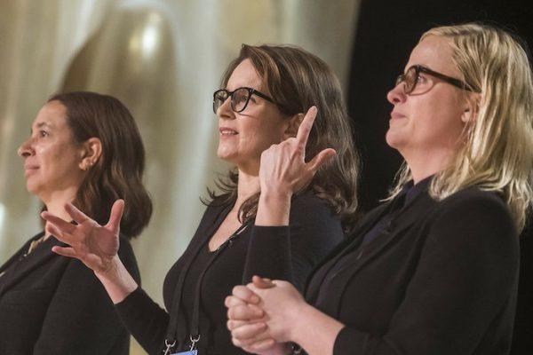 Maya Rudolph, left, Tina Fey and Amy Poehler appear during rehearsals for the 91st Academy Awards in Los Angeles on Feb. 23, 2019. (Charles Sykes/Invision/AP)