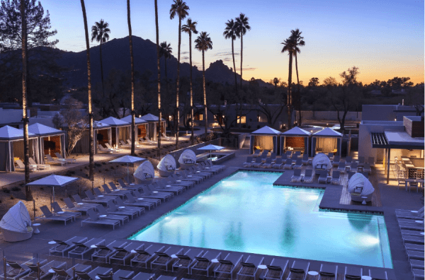 The Turquoise Pool at night at Andaz Scottsdale Resort & Spa. (Andaz Scottsdale Resort & Spa)
