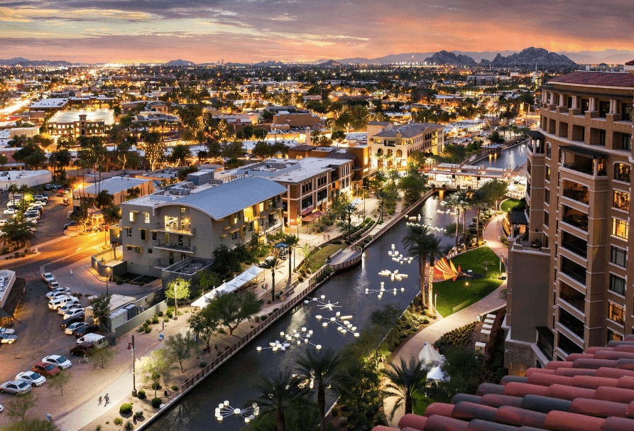 The Scottsdale Waterfront and Arizona Canal at night. (Dayvid Lemmon for Experience Scottsdale)