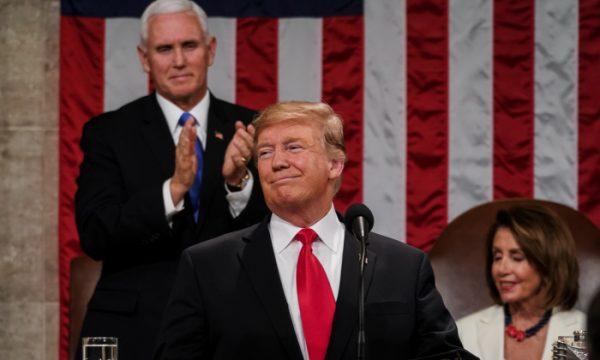 President Donald Trump delivered the State of the Union address, with Vice President Mike Pence and Speaker of the House Nancy Pelosi, at the Capitol in Washington, on Feb. 5, 2019. (Doug Mills/The New York Times POOL PHOTO, NYTSOTU)