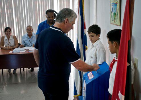 Cuban communist dictator Miguel Díaz-Canel casts his vote during the referendum to approve the constitutional reform in Havana, Cuba, Feb. 24, 2019. (Ramon Espinosa/Pool via Reuters)
