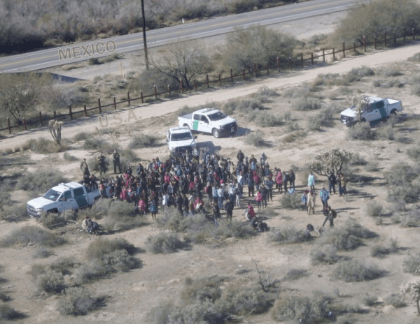 A large group of 325 Central Americans were apprehended by Border Patrol agents near Lukeville, Ariz., on Feb. 7, 2019. (CBP)