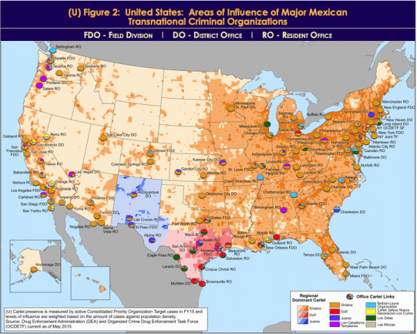 A graphic showing Mexican cartel control in the United States in 2015. (DEA)