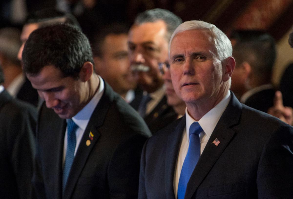 Vice President Mike Pence and Juan Guaido, recognized by Washington and others as Venezuela’s interim president, take part in a meeting with foreign ministers of the Lima Group at Colombia's Foreign Affairs Ministry in Bogota Feb. 25, 2019. (Diana Sanchez/AFP/Getty Images)