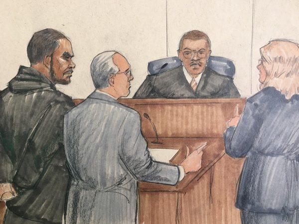 In this courtroom sketch, R&B singer R. Kelly, attorney Steve Greenberg and prosecutor Jennifer Gonzalez appears before Cook County Judge John Fitzgerald Lyke Jr. at the Leighton Criminal Courthouse, in Chicago, on Feb. 23, 2019. (Tom Gianni/AP Photo)