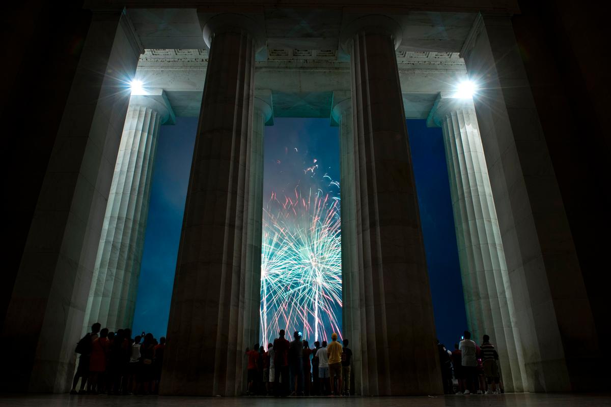 People watch fireworks as they celebrate US independence day in Washington, on Jul. 4, 2017. (Brendan Smialowski/AFP/Getty Images)