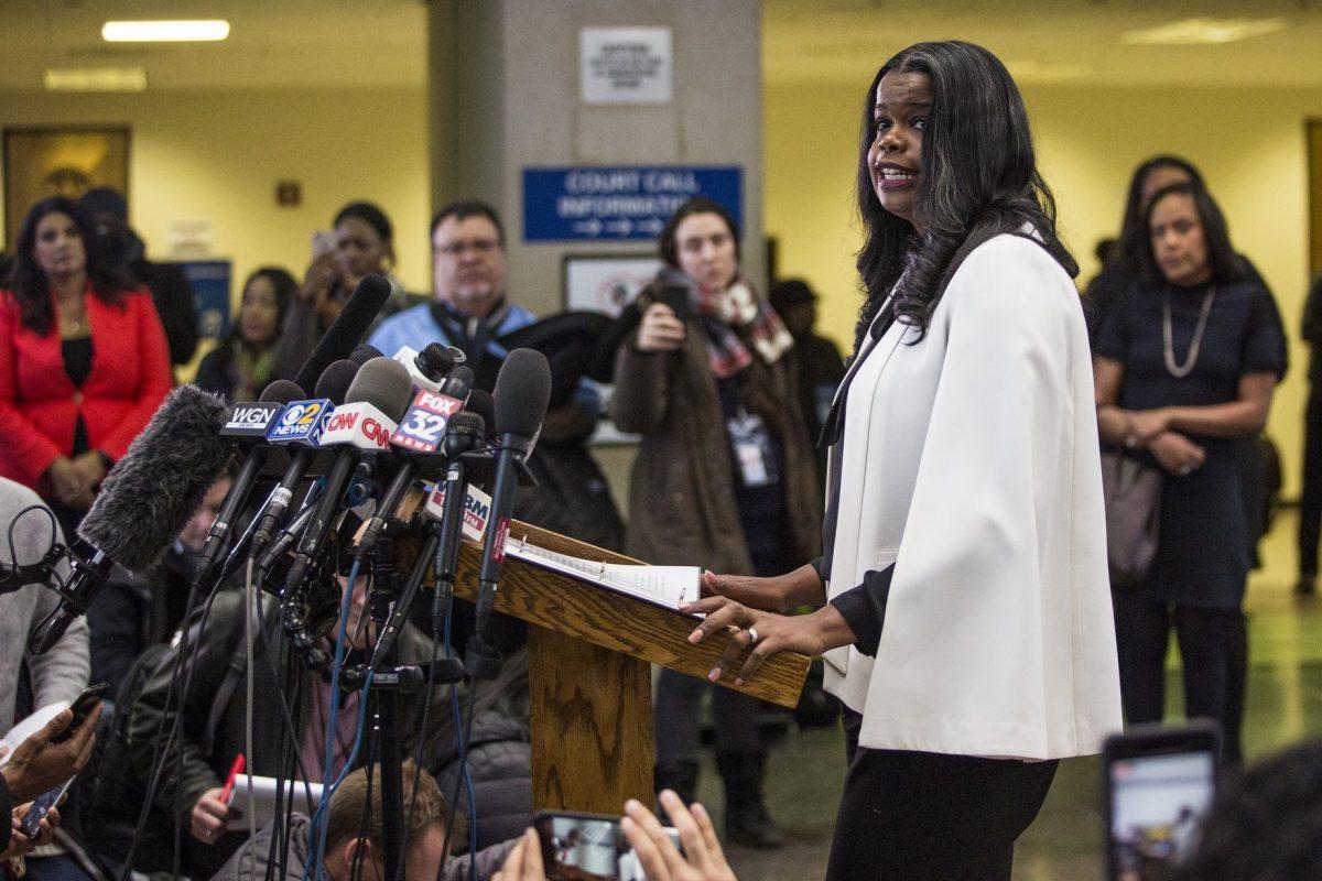 Cook County State's Attorney Kim Foxx speaks to reporters at the Leighton Criminal Courthouse after R. Kelly was ordered held on a $1 million bond in Chicago ,on Feb. 23, 2019 . (Ashlee Rezin/Chicago Sun-Times via AP)