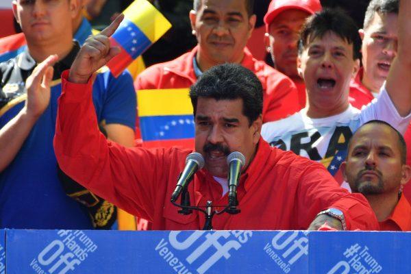 Illegitimate Venezuelan dictator Nicolas Maduro speaks during a pro-government march in Caracas, on Feb. 23, 2019. (YURI CORTEZ/AFP/Getty Images)
