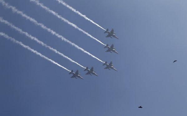 In this file image, Indian Air Force Mirage 2000 fighters fly in formation on Jan. 23, 2012. (AP Photo/Saurabh Das, File)
