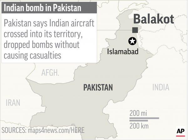 Map locates Balakot, Pakistan, where authorities say Indian aircraft crossed into and bombed; 2c x 2 1/2 inches; 96.3 mm x 63 mm;