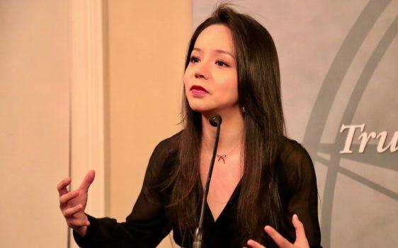 Anastasia Lin, a former Miss World Canada, is an ambassador on Canada-China policy at the Macdonald-Laurier Institute. She spoke at the national book launch of Jonathan Manthorpe's "Claws of the Panda." (Jonathan Ren/Epoch Times)