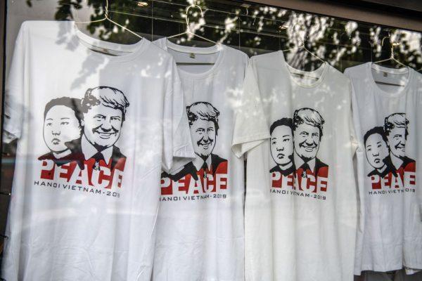 Hanoi summit souvenir T-shirts are displayed in a shop window in Hanoi, Vietnam, on Feb. 27, 2019. (Carl Court/Getty Images)