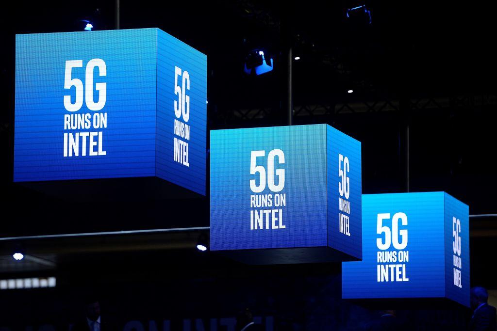 5G signs are displayed at the Intel stand at the Mobile World Congress (MWC) in Barcelona on Feb. 25, 2019. (Josep Lago/AFP/Getty Images)