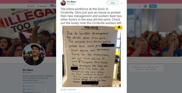 A handwritten note said the “new owners are treating them bad (sic) and they have closed down the restaurant,” describing the management as “terrible.” (Twitter)