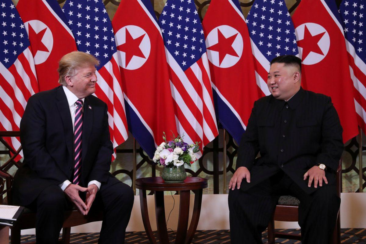 President Donald Trump and North Korean leader Kim Jong Un before their one-on-one chat during the second U.S.–North Korea summit at the Metropole Hotel in Hanoi, Vietnam, on Feb. 27, 2019. (Leah Millis/Reuters)