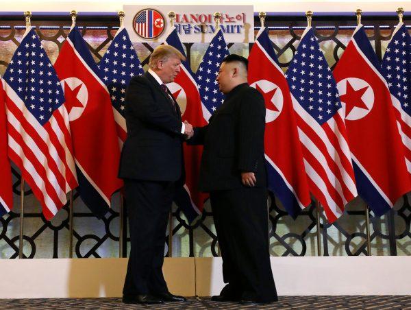 President Donald Trump and North Korean leader Kim Jong Un shake hands before their one-on-one chat during the second U.S.-North Korea summit at the Metropole Hotel in Hanoi, Vietnam, on Feb. 27, 2019. (Leah Millis/Reuters)