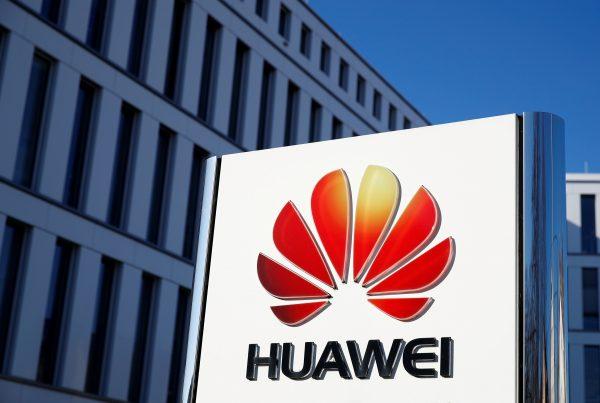 The logo of Huawei Technologies is pictured in front of the German headquarters of the Chinese telecommunications giant in Duesseldorf, Germany, on Feb. 18, 2019. (Wolfgang Rattay/Reuters)