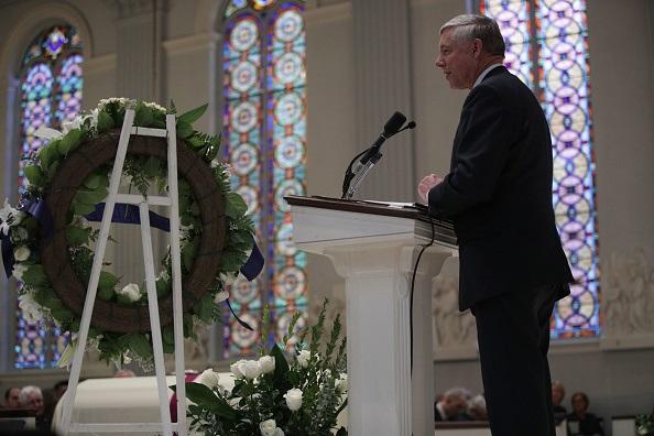 Rep. Fred Upton (R-Mich.) speaks during the funeral mass for former Rep. John Dingell (D-Mich.) at Holy Trinity Church in Washington, on Feb. 14, 2019. (Alex Wong/Getty Images)