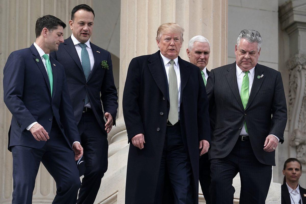 Former U.S. Speaker of the House Rep. Paul Ryan (R-WI) (L), Irish Taoiseach Leo Varadkar (2L), then-president Donald Trump (C), former U.S. vice president Mike Pence (@R), and U.S. Rep. Peter King (R-NY) walk down the House steps at the Capitol after the Friends of Ireland luncheon on Capitol Hill in Washington, on March 15, 2018. (Alex Wong/Getty Images)