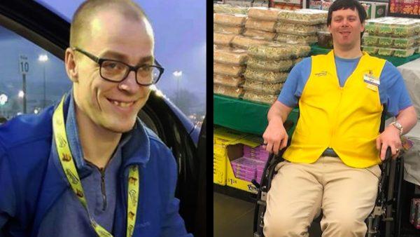 Two longtime Walmart greeters, Adam Catlin (L) and Jay Melton (R), both of whom have cerebral palsy—have accepted jobs in self-checkout. (Holly Catlin via AP—Screenshot Video/CNN)