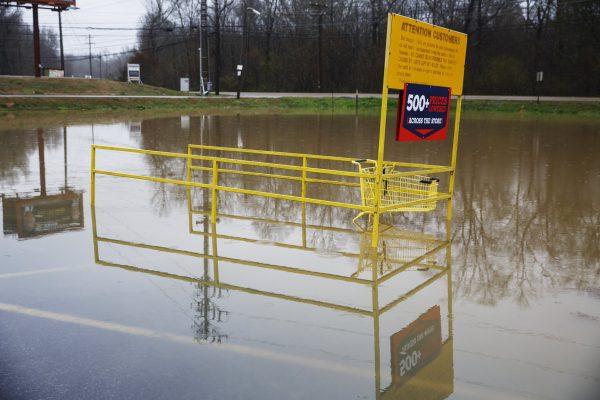 Middle Valley Plaza is seen flooded in Soddy-Daisy, Tenn., after heavy rain overnight, on Feb. 23, 2019. (Doug Strickland/Chattanooga Times Free Press via AP)