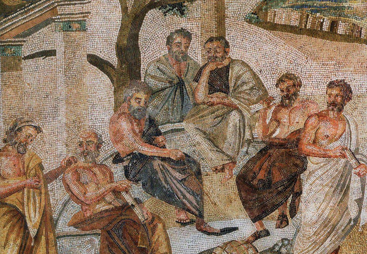 Plato surrounded by students in his Academy in Athens. Mosaic (detail) from the Villa of T. Siminius Stephanus, Pompeii, first century B.C.  National Archaeological Museum, Naples. (Public Domain)