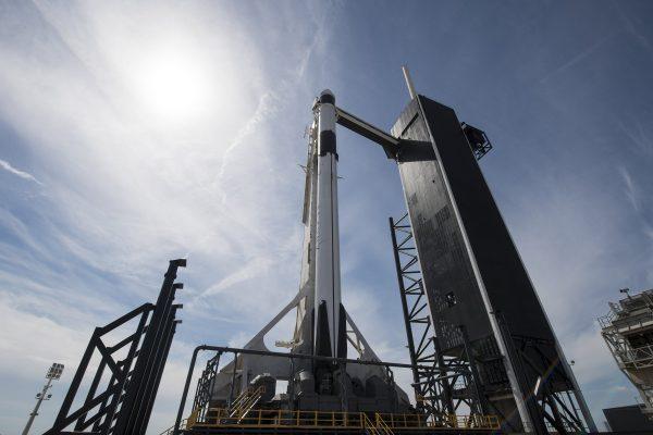 The Falcon 9 SpaceX rocket, ready for launch, sits on pad 39A at the Kennedy Space Center in Cape Canaveral, Fla., on March 1, 2019. (Joel Kowsky/NASA via AP)