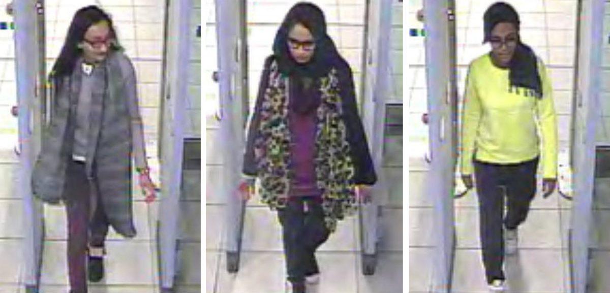 Kadiza Sultana (L), Shamima Begum (C), and Amira Abase going through security at Gatwick airport on Feb. 23, 2015. (Metropolitan Police via AP)