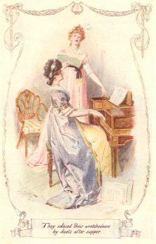 The ladies of Jane Austen’s era became “most accomplished” in playing the pianoforte and singing. Watercolor illustrations for “Pride and Prejudice” by C. E. Brock. (Mollands.net)