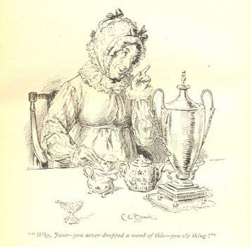When ladies went calling, a good deal of gossip was savored with their tea. (Illustrations for “Pride and Prejudice” by C. E. Brock. (Mollands.net)