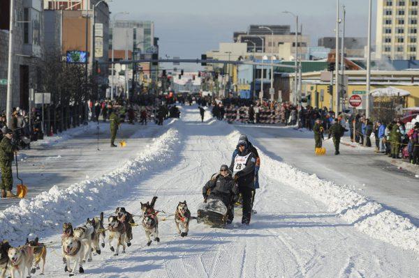 Defending champion Joar Lefseth Ulsom runs his team down Fourth Ave during the ceremonial start of the Iditarod Trail Sled Dog Race in Anchorage, Alaska, on March 2, 2019. (Michael Dinneen/AP)
