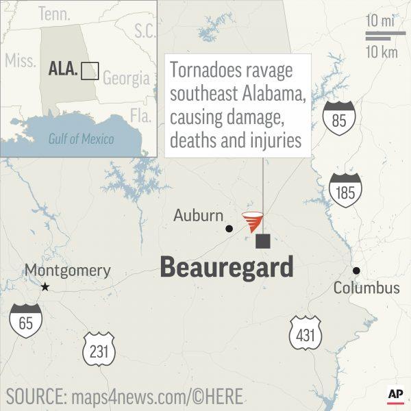 Map locates Beauregard, Alabama, where tornadoes killed people and caused injuries and damage; 2c x 3 1/2 inches; 96.3 mm x 88 mm