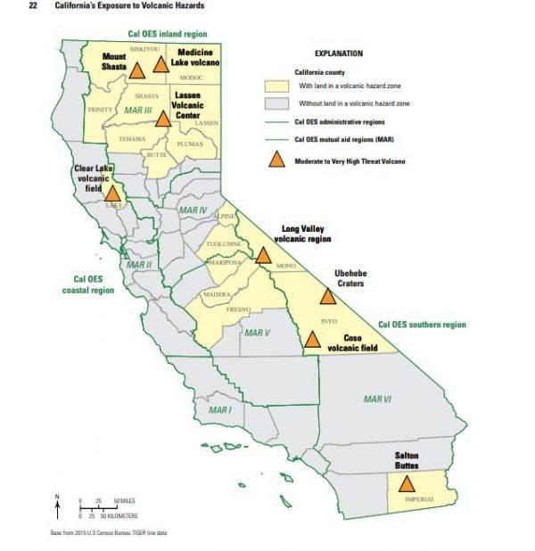Areas in California that could be directly impacted by volcanoes (USGS)