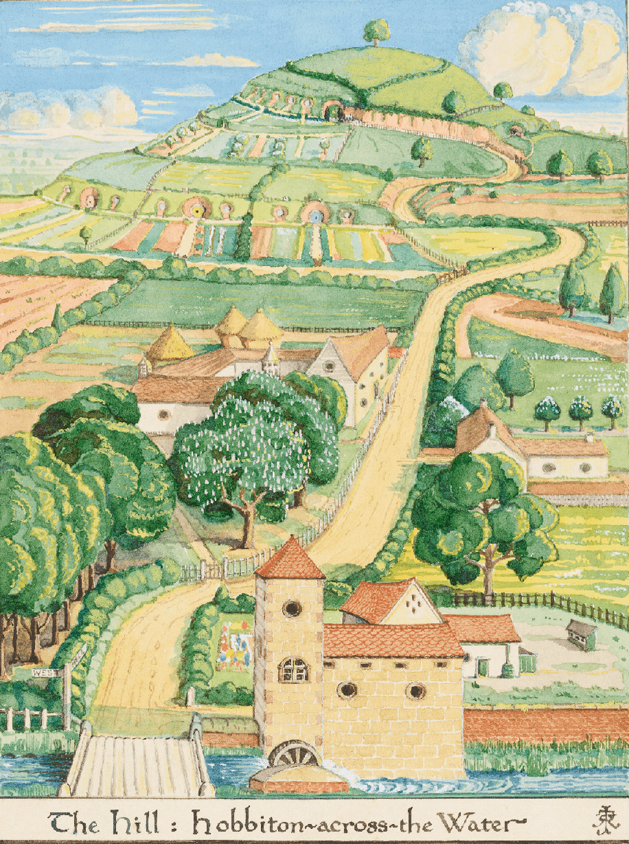 “The Hill: Hobbiton-across-the Water,” August 1937, by J. R. R. Tolkien. Watercolor, white body color, black ink. Bodleian Libraries. (The Tolkien Estate Limited 1937)