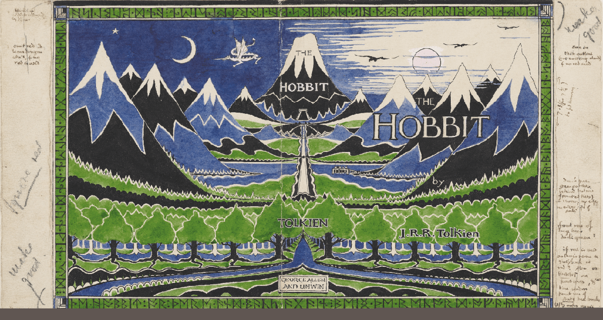 Dust jacket design for “The Hobbit,” April 1937, by J. R. R. Tolkien. Pencil, black ink, watercolor, gouache. Bodleian Libraries. (The Tolkien Estate Limited 1937)