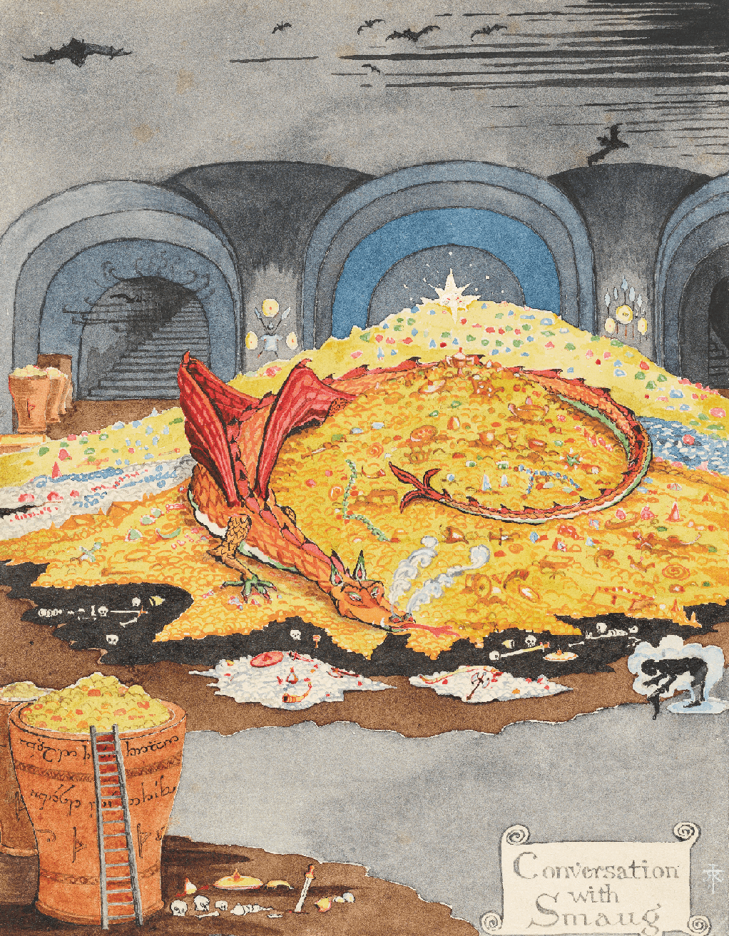 “Conversation with Smaug,” July 1937 by J. R. R. Tolkien. Black and colored ink, watercolor, white body color, pencil. Bodleian Libraries. (The Tolkien Estate Limited 1937)