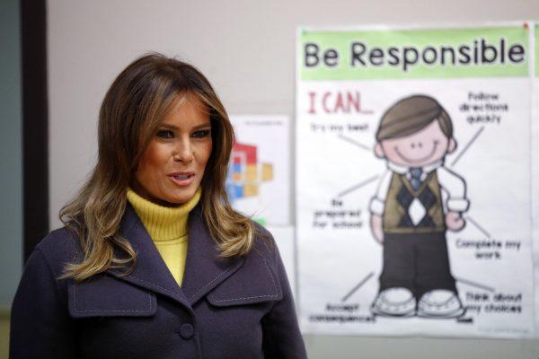 First Lady Melania Trump enters a classroom to visit with students at Dove School of Discovery in Tulsa, Okla., on March 4, 2019. (Patrick Semansky/AP Photo)