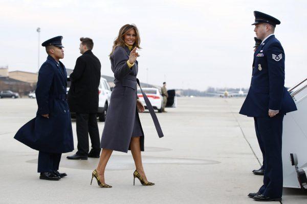 First Lady Melania Trump boards a plane in Andrews Air force Base in Maryland for a "Be Best" campaign tour. (Patrick Semansky/AP Photo)