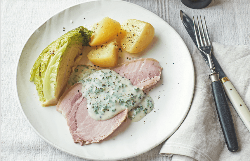 Traditional Irish Bacon With Cabbage and Parsley Sauce