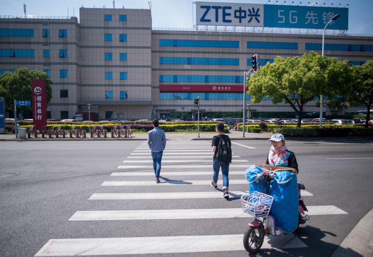 The ZTE logo on an office building in Shanghai, China, on May 3, 2018. Chinese telecom giant ZTE said its major operations had "ceased" following the U.S. ban on American sales of critical technology to the company on April 2018. (Johannes Eisele/AFP/Getty Images)