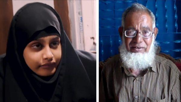 Left - Shamima Begum being interviewed by Sky News in northern Syria on Feb. 17, 2019. Right - Begum’s father Ahmed Ali speaking to reporters in Sunamganu, Bangladesh, on March 5, 2019. (Reuters; AP Photo)