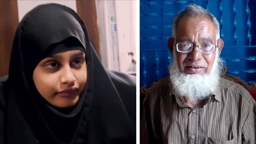 (L) - Shamima Begum being interviewed by Sky News in northern Syria on Feb. 17, 2019. (R) - Begum’s father Ahmed Ali speaking to reporters in Sunamganu, Bangladesh, on March 5, 2019. (Reuters; AP Photo)