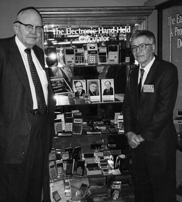 Jack Kilby and Jerry Merryman, right, at the American Computer Museum in Bozeman, Montana. (Phyllis Merryman via AP)