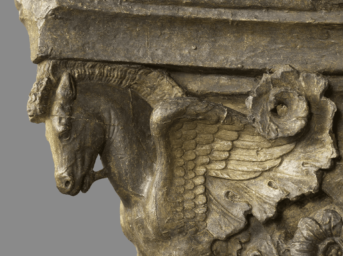Detail of a cast of a Corinthian pilaster capital with Pegasus volutes (spiral scrolls) from the Forum of Augustus in Rome, late 18th century or early 19th century. Plaster cast. Height: 36 inches, Width: 25 inches. The original is in the Museum at Trajan’s Markets, Rome. (Royal Academy of Arts, London)
