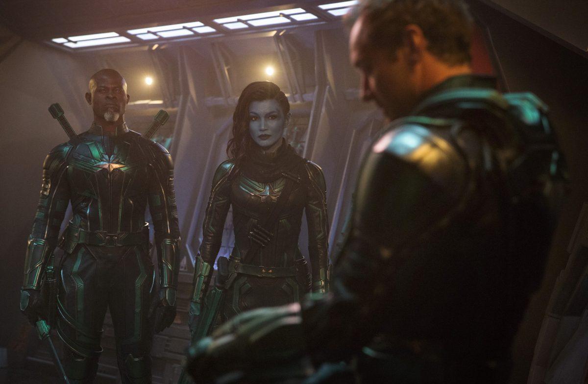 (L–R) Korath (Djimon Hounsou) and Minn-Erva (Gemma Chan) with the leader of Starforce (Jude Law) in Marvel Studios’ “Captain Marvel.” (Chuck Zlotnick/Marvel Studios)