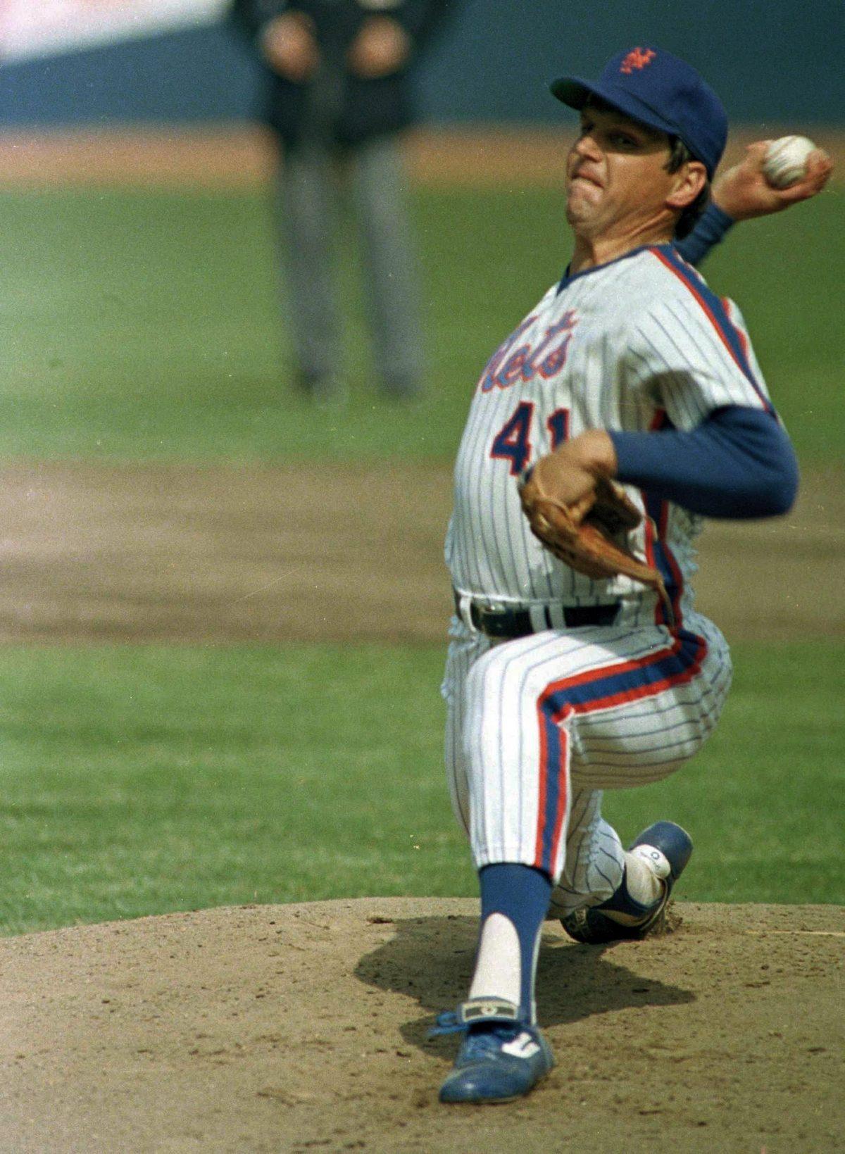 New York Mets pitcher Tom Seaver throws against the Philadelphia Phillies at Shea Stadium in New York on April 5, 1983. (Richard Drew/AP Photo, File)